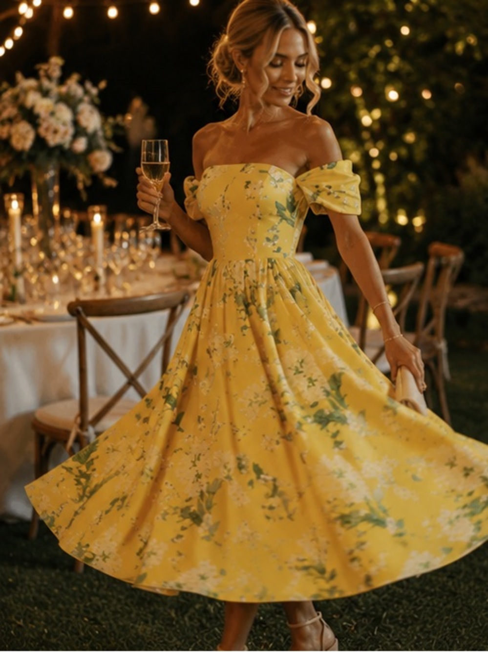 Sunny Yellow Off-Shoulder Floral Midi Dress، rare to find it - Picture 14 of 16